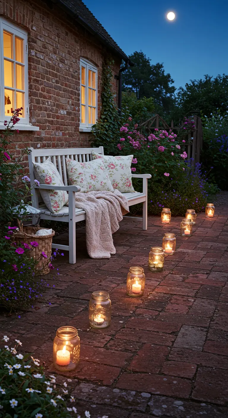 A brick patio with a white bench, lit by a path of candles in mason jars.