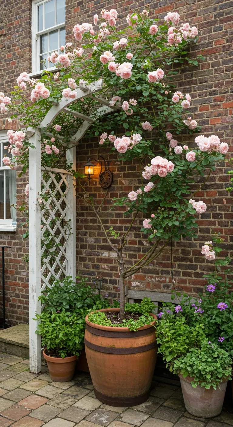 A climbing pink rose trained over a white wooden arbor against a brick house.