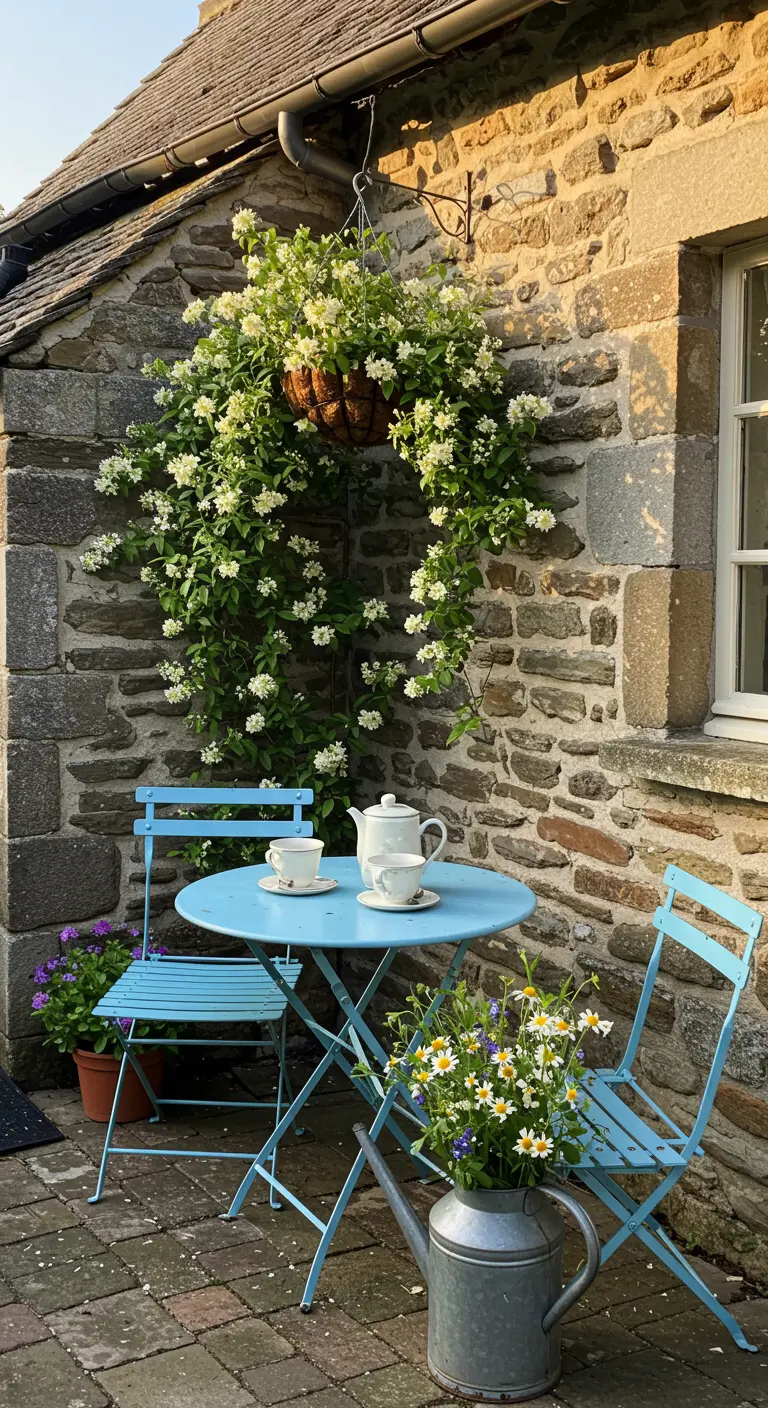 A bright blue bistro set against a rustic stone wall with climbing jasmine.