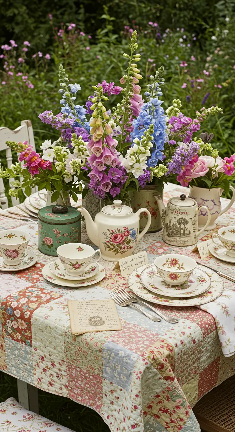 A garden table decorated with a patchwork quilt tablecloth and vintage floral china.