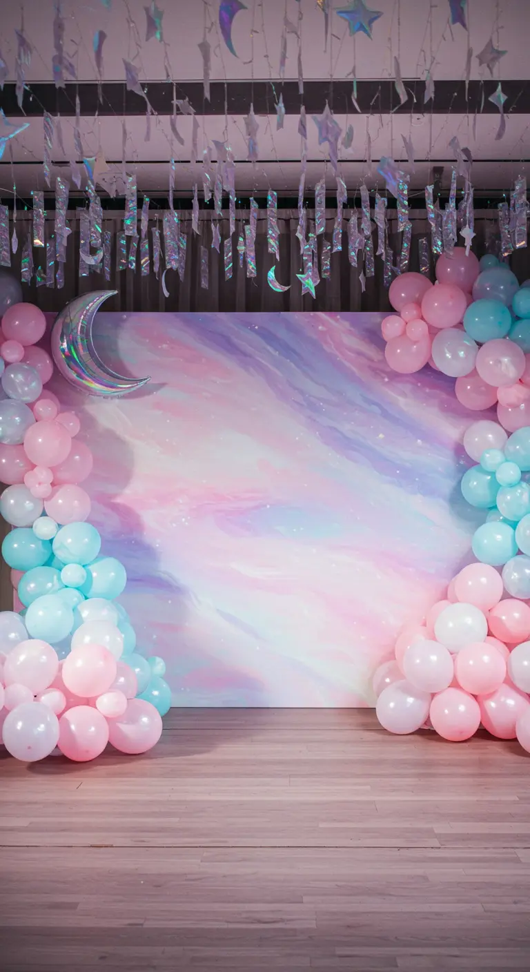 A pastel watercolor backdrop framed by pink and blue balloons and iridescent streamers.