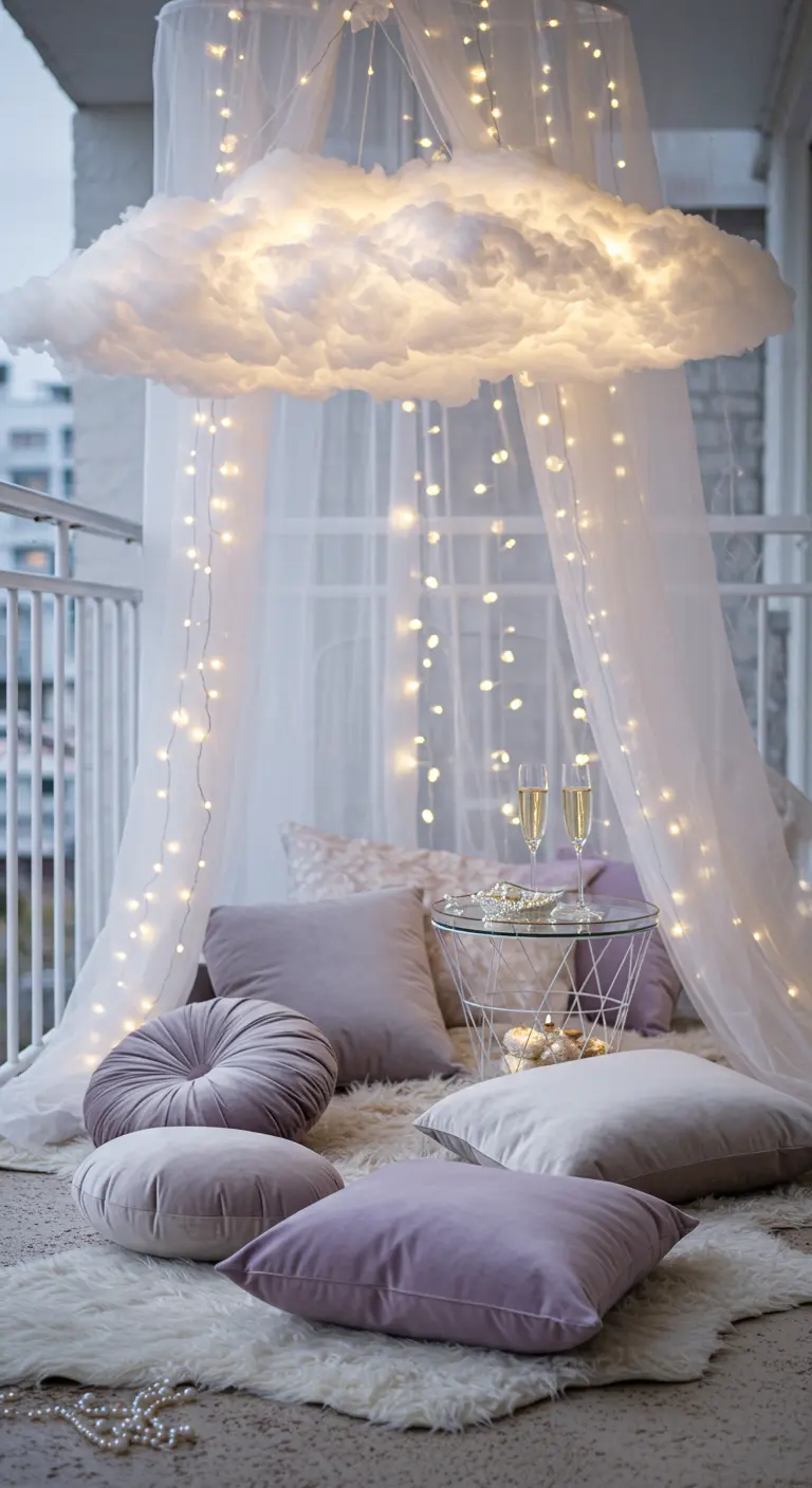 Balcony with a cloud light, sheer canopy, cascading lights, and soft pastel cushions.