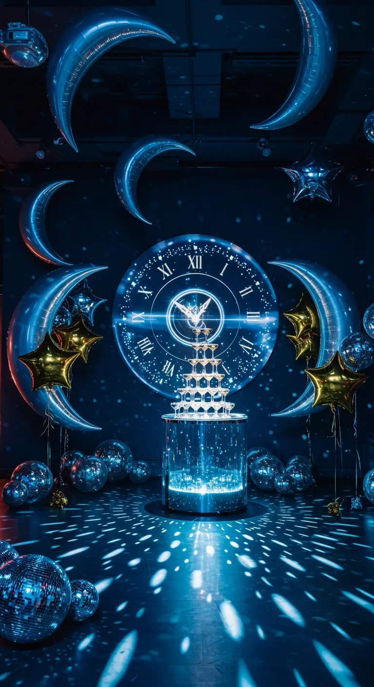 A champagne tower in front of a projected clock, surrounded by moon and star balloons.