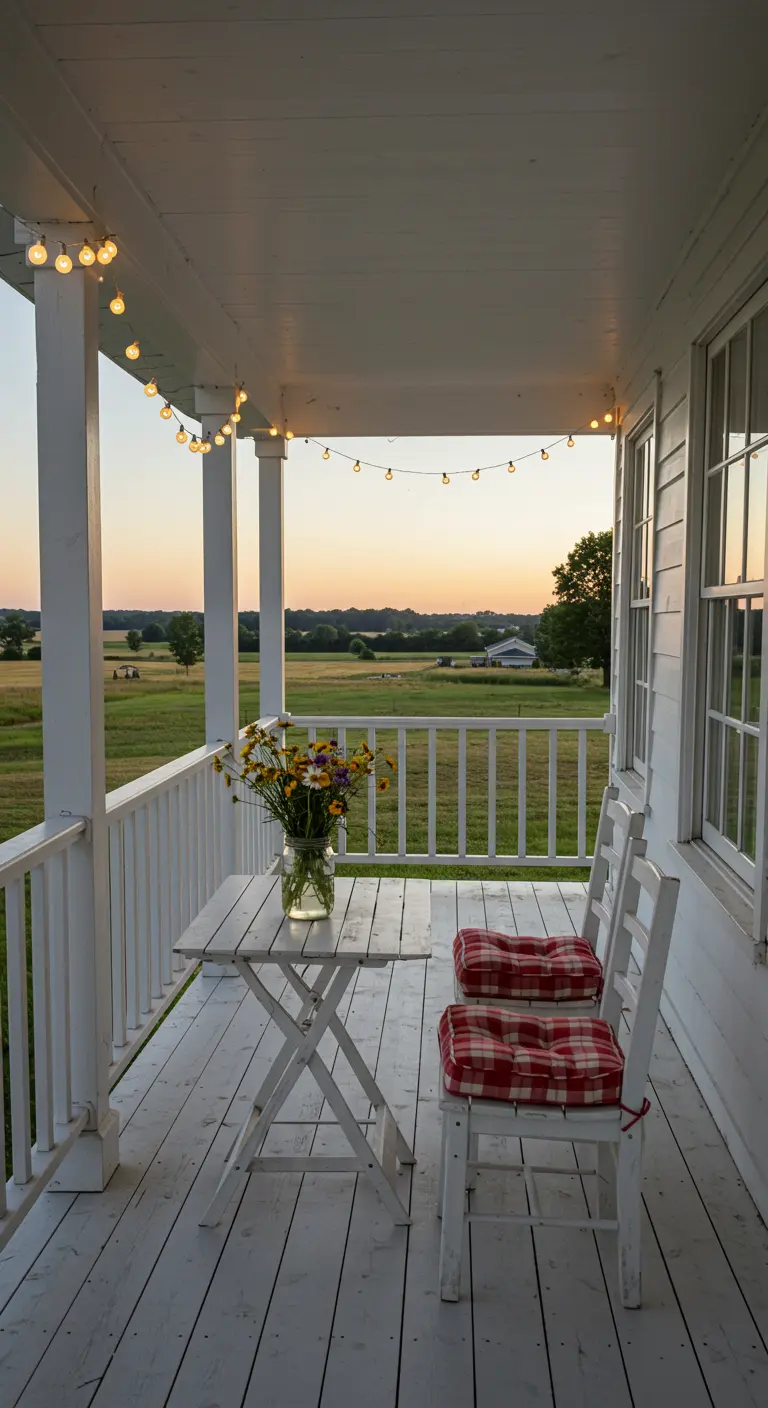 A white farmhouse porch with a bistro set, red plaid cushions, and views of a field.