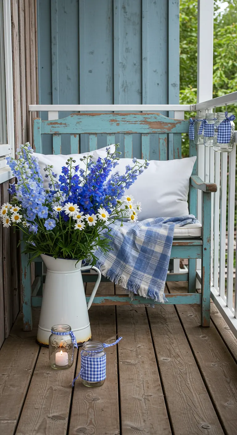 A distressed blue bench on a porch with blue and white flowers, a gingham blanket, and matching candle jars.