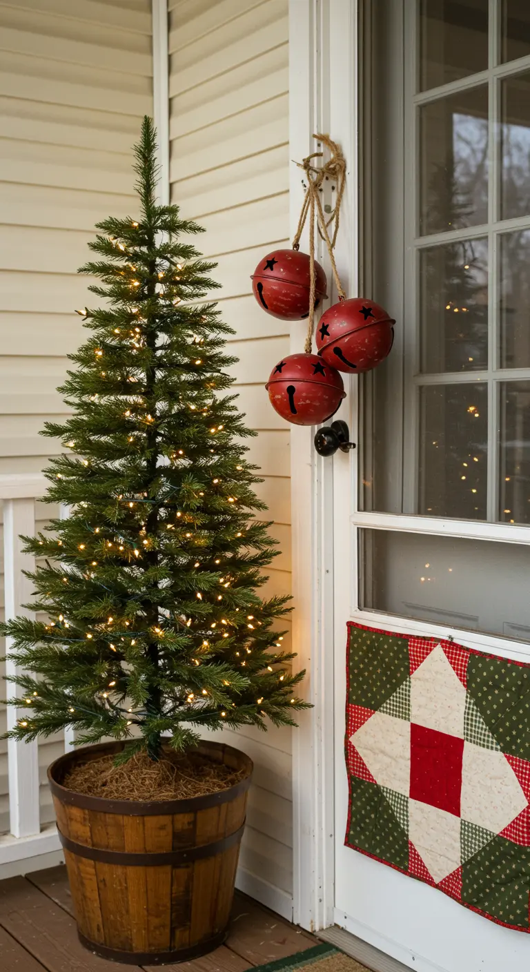 A mini tree in a barrel planter, with red jingle bells on the door.