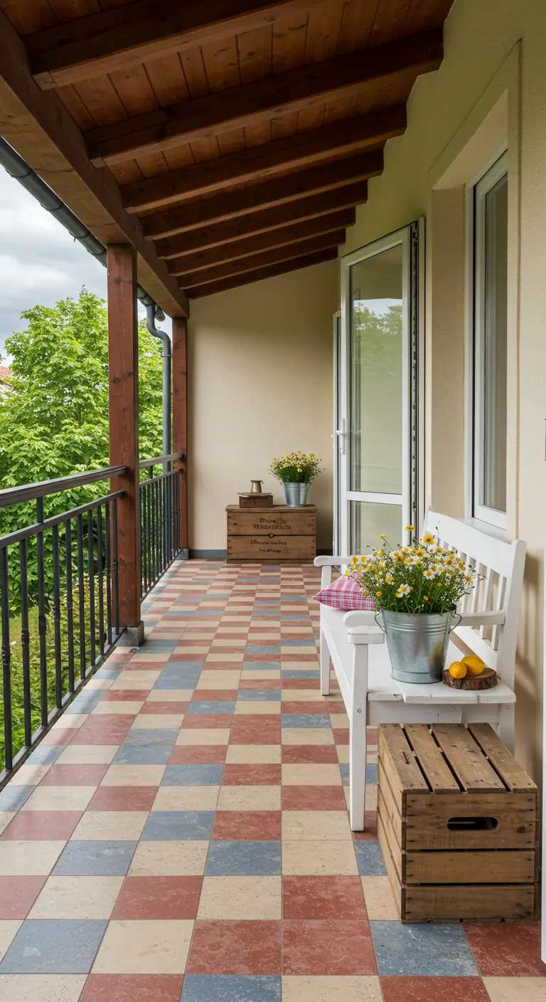 A rustic balcony with red, blue, and cream checkered tiles, a white bench, and daisies in buckets.