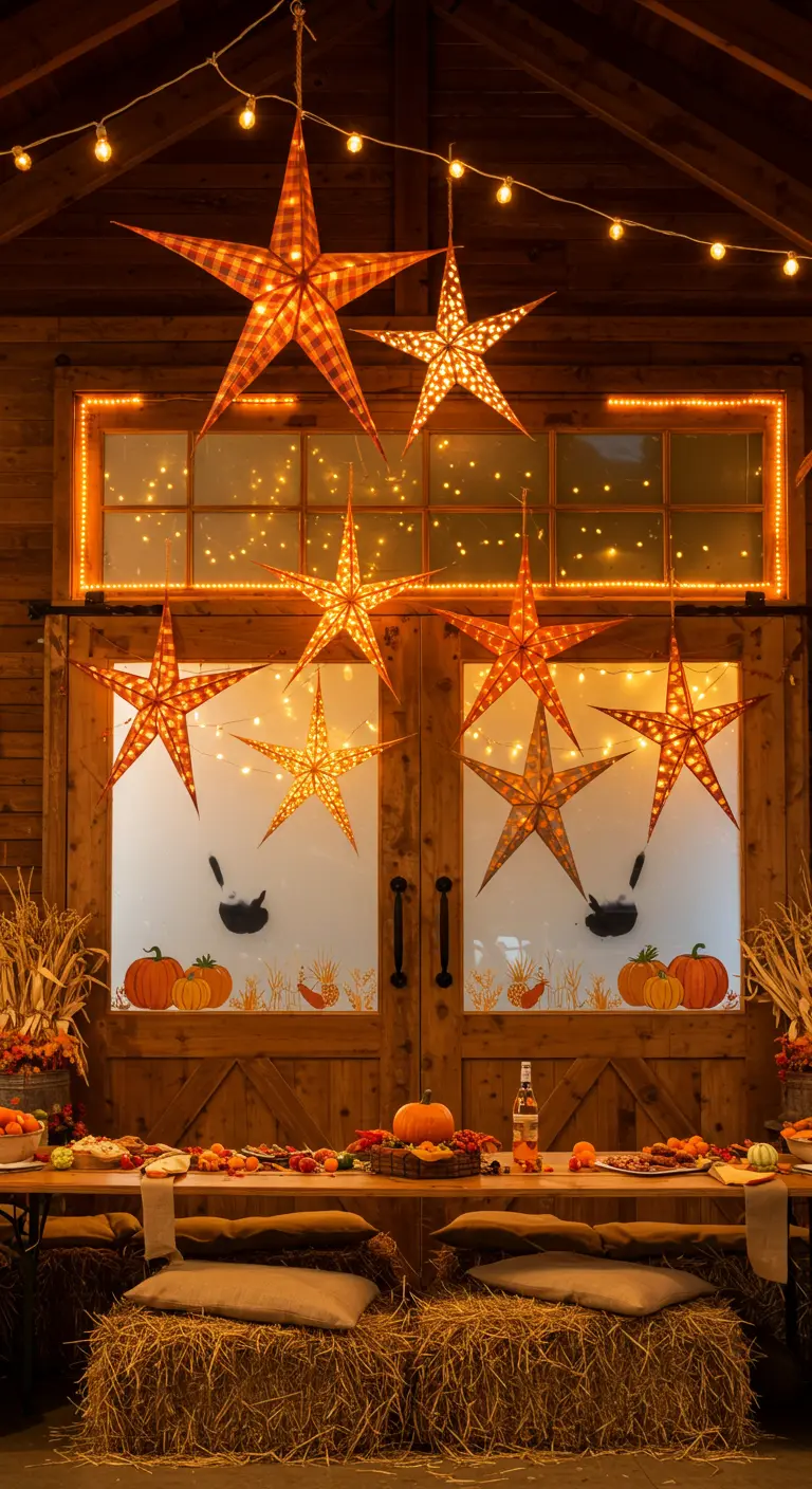 A rustic barn setting with gingham paper stars hanging over a harvest-themed food table.
