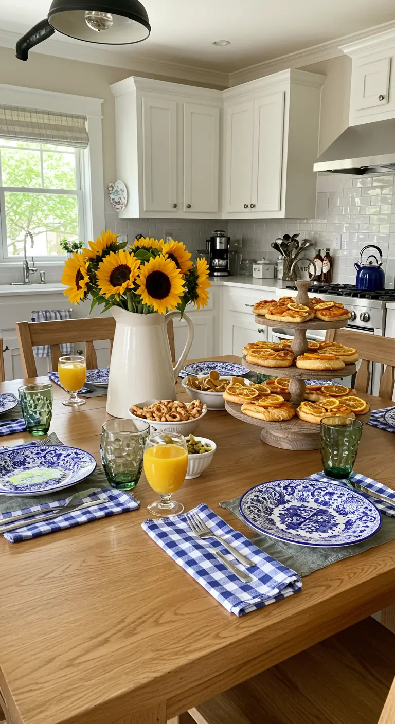 Farmhouse table with blue and white plates, gingham napkins, and a pitcher of sunflowers.
