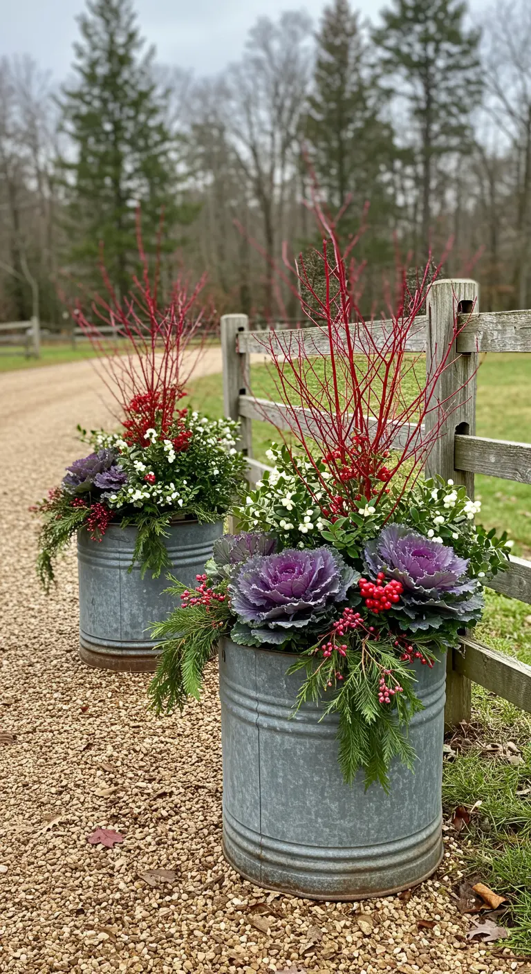 Two galvanized buckets with winter arrangements next to a rustic wooden fence.