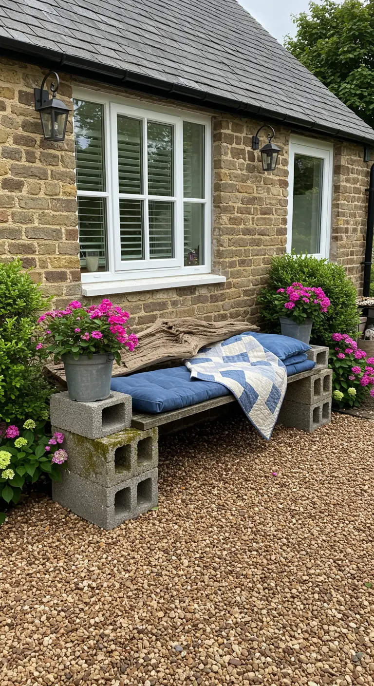 A cinder block and driftwood bench on a gravel patio, styled with a blue cushion and quilt.