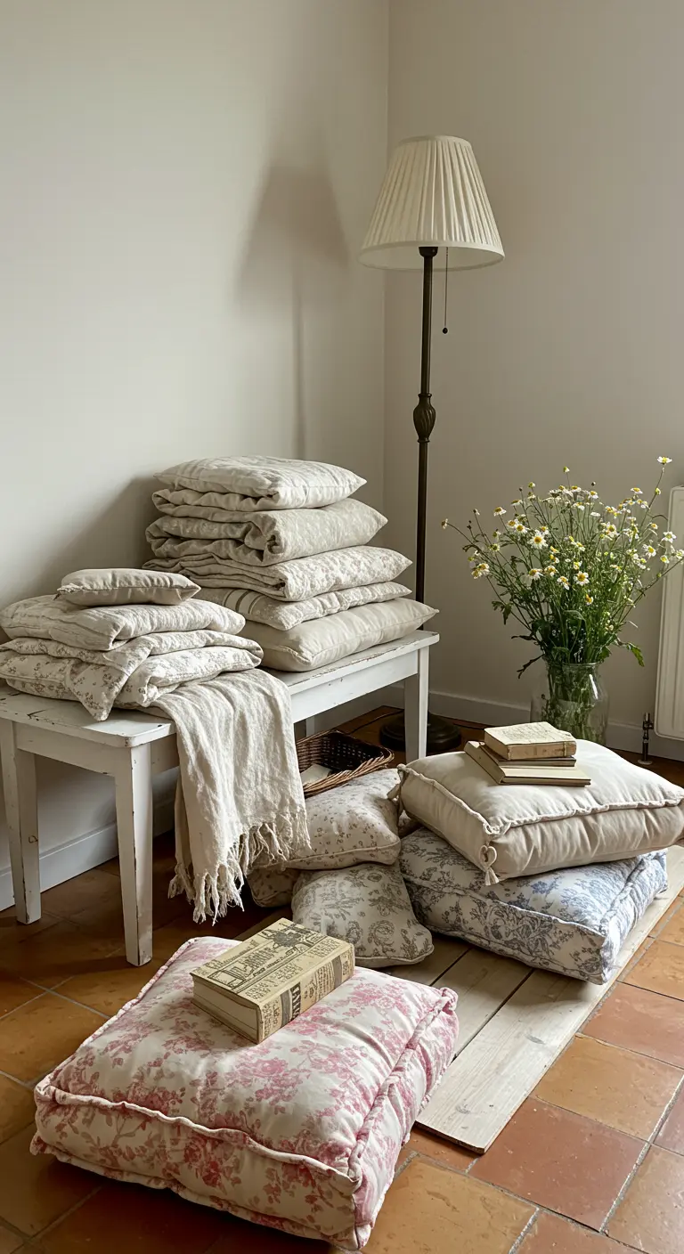 Rustic room corner with a white bench holding stacked pillows, floor cushions with floral patterns, and a floor lamp.