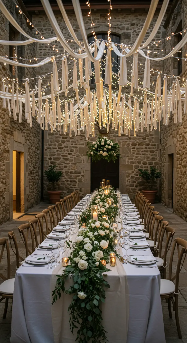A long wedding table in a stone courtyard under a canopy of string lights and white ribbons.