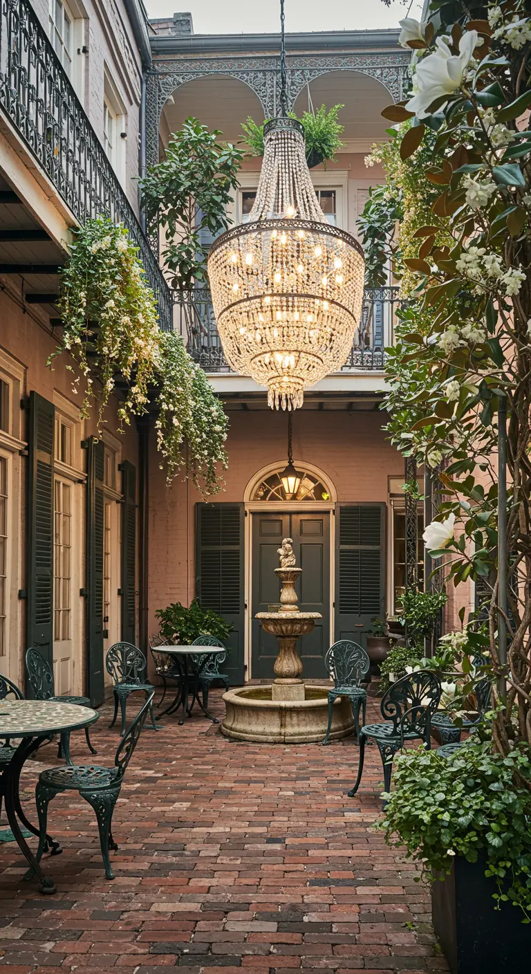 A large, ornate crystal chandelier hangs in a brick courtyard with iron balconies.