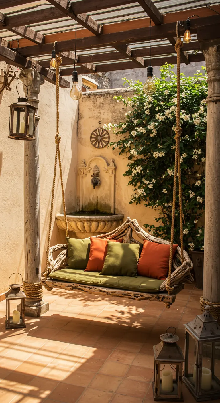 Driftwood swing bench with green and orange cushions in a stone courtyard with a fountain.