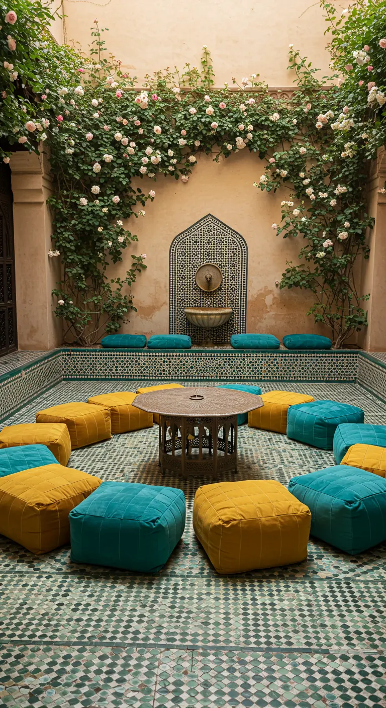 Teal and yellow poufs in a tiled courtyard with a wall of climbing pink roses.