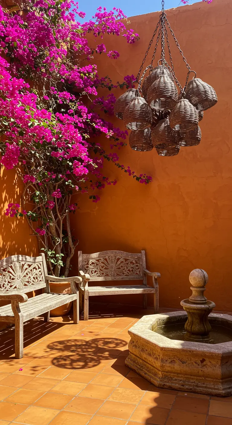 Carved wooden benches in a terracotta courtyard with a fountain and a wicker chandelier.
