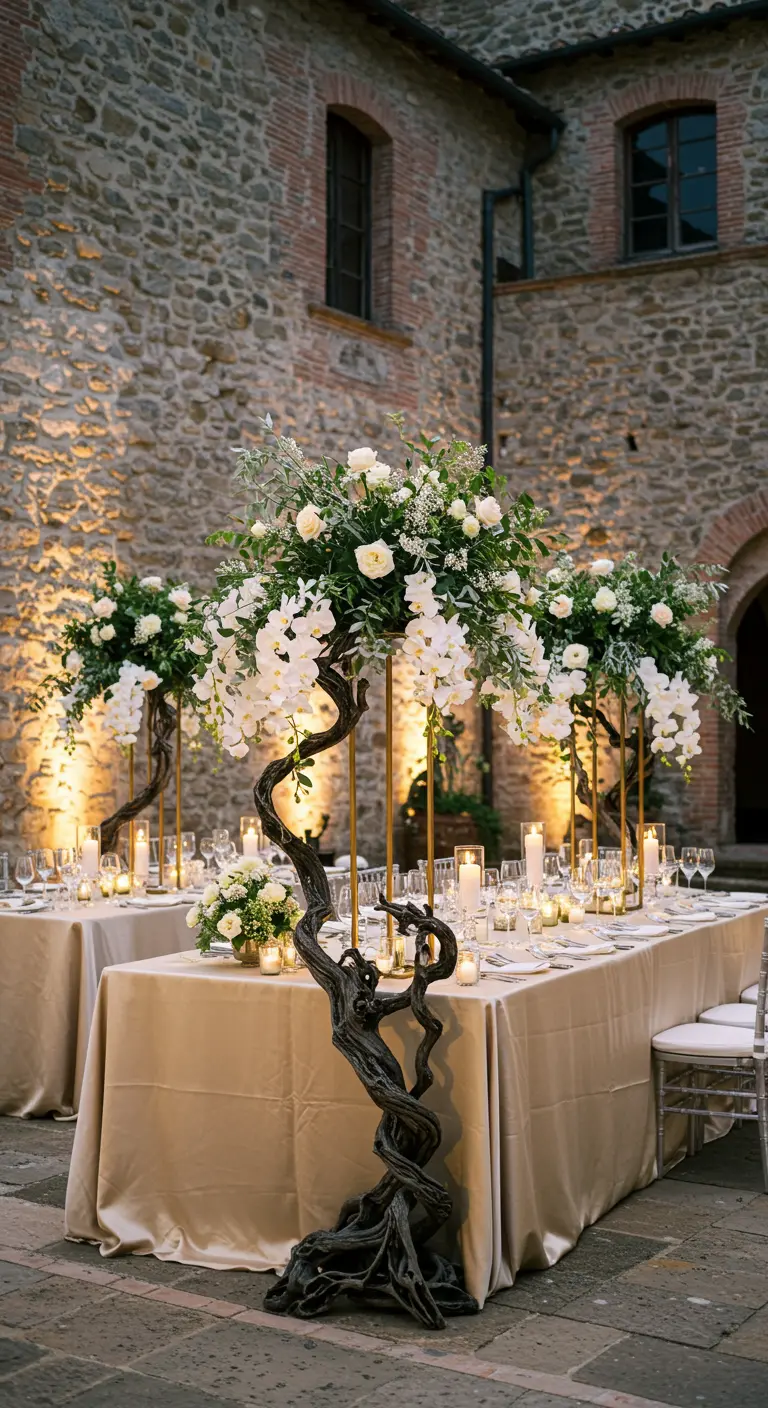 Tall, tree-like driftwood and white orchid centerpieces on tables in a stone courtyard.