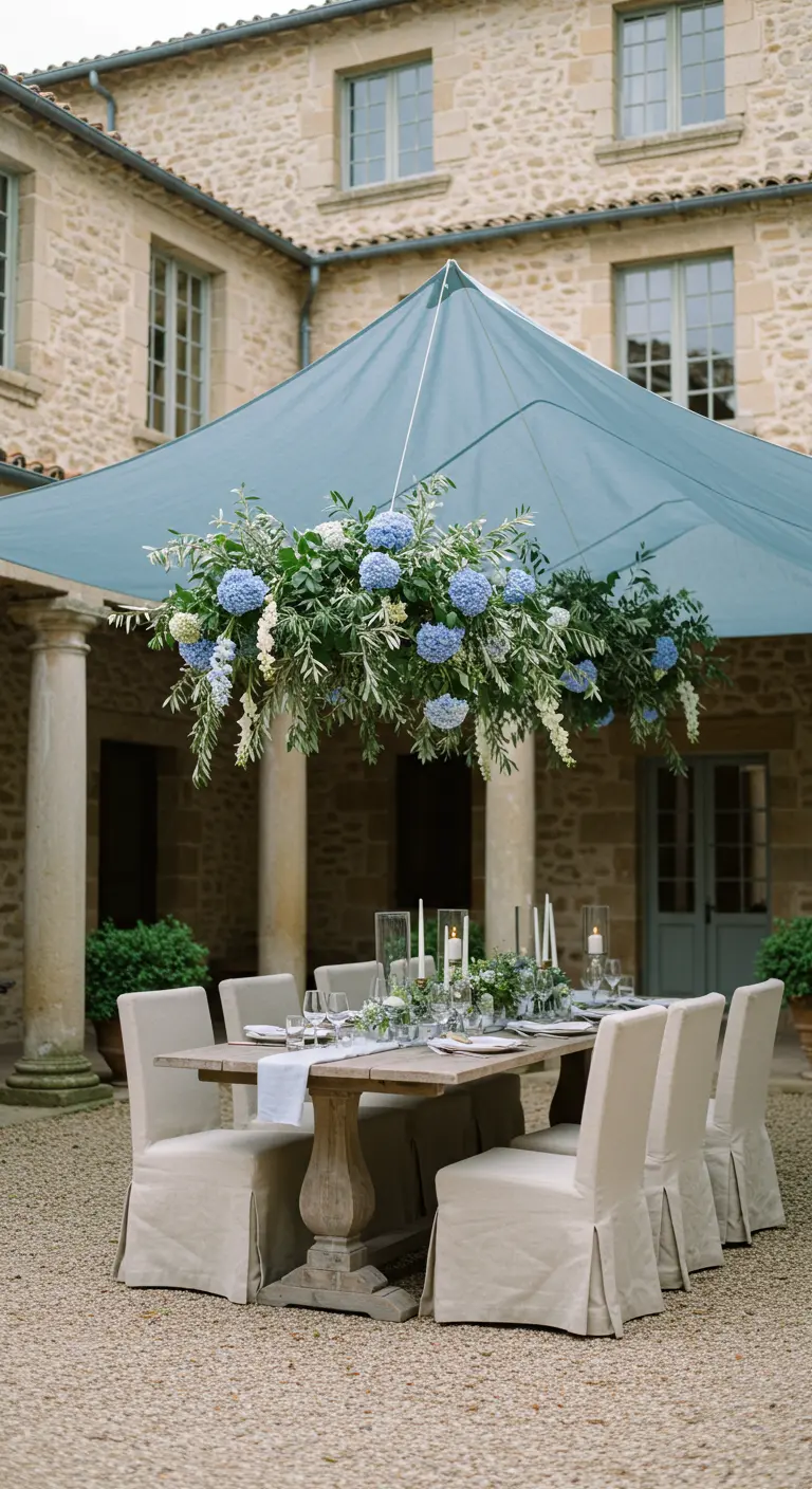 A courtyard dining table under a blue sail shade, with a long floating chandelier of blue hydrangeas.