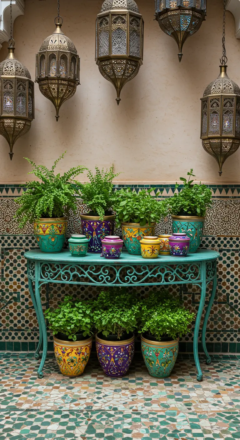 Colorful Moroccan planters on a turquoise console table under ornate hanging lanterns.