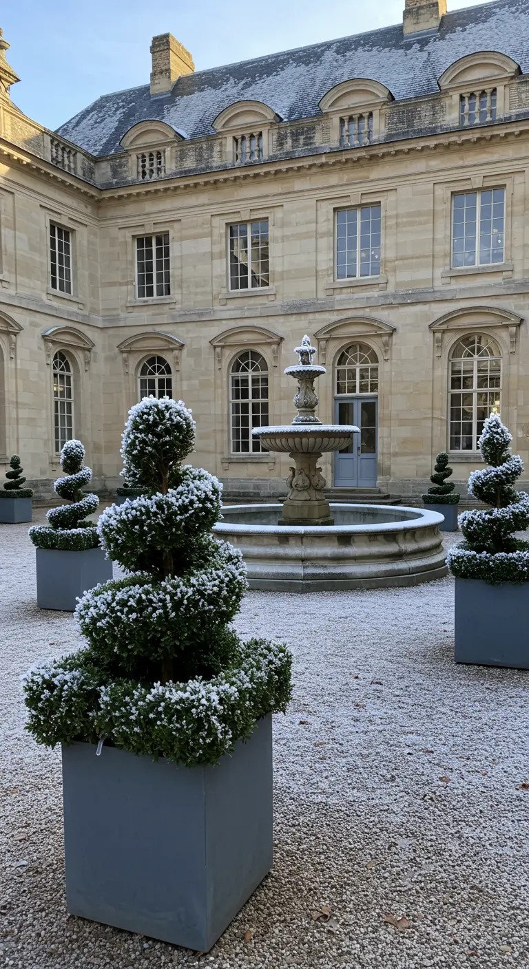 Snow-dusted spiral topiary trees in square planters in a grand stone courtyard.