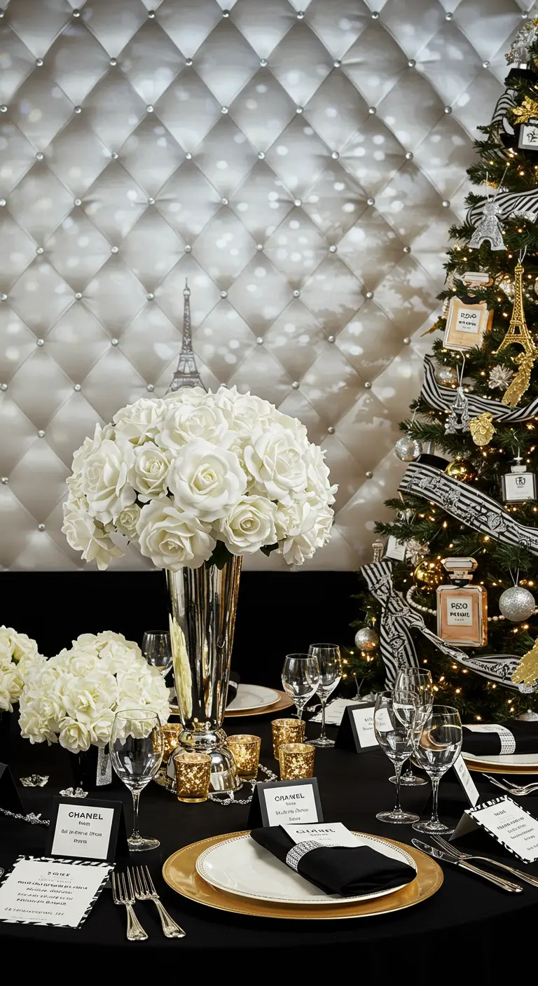 A Chanel-themed Christmas tree with black and white ribbon and perfume bottle ornaments