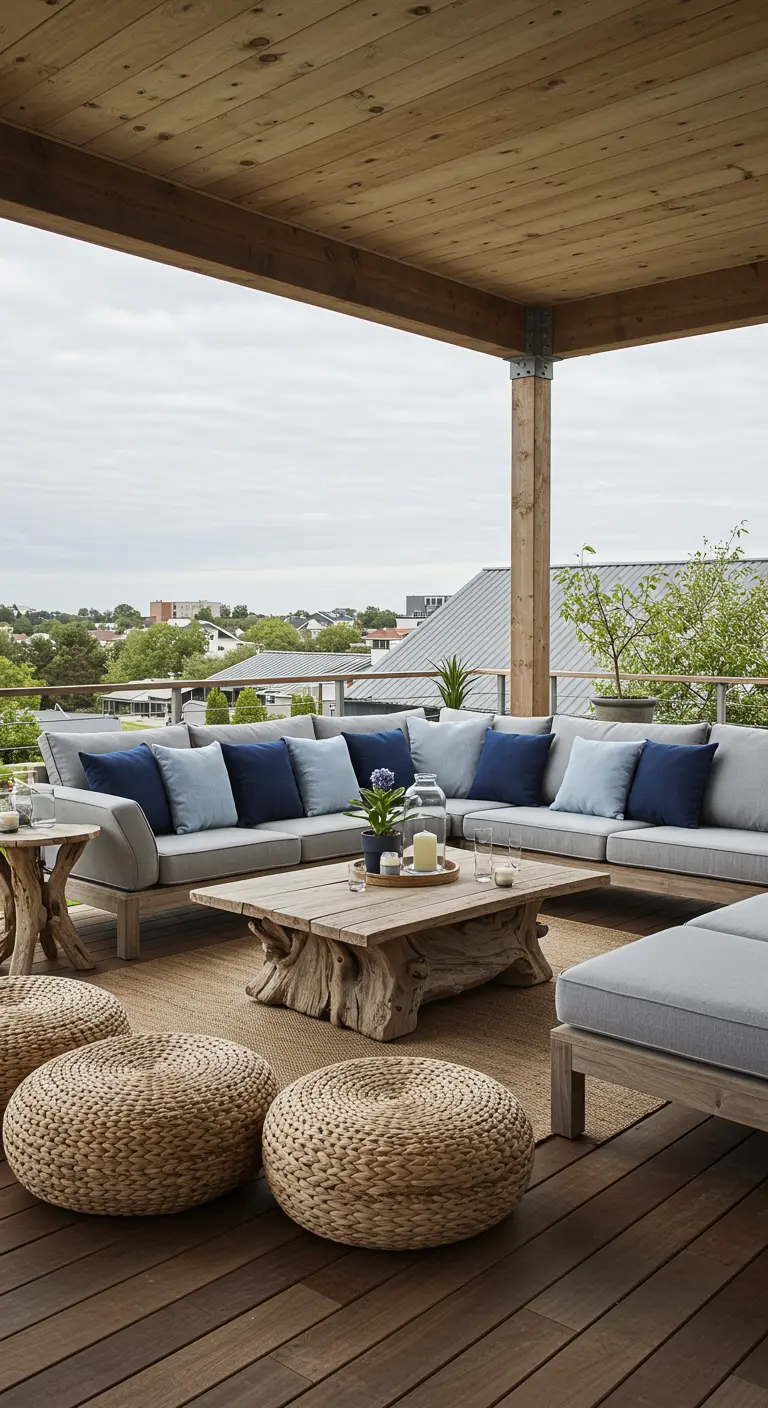 A large grey sectional under a wooden pergola, with blue pillows and woven poufs.