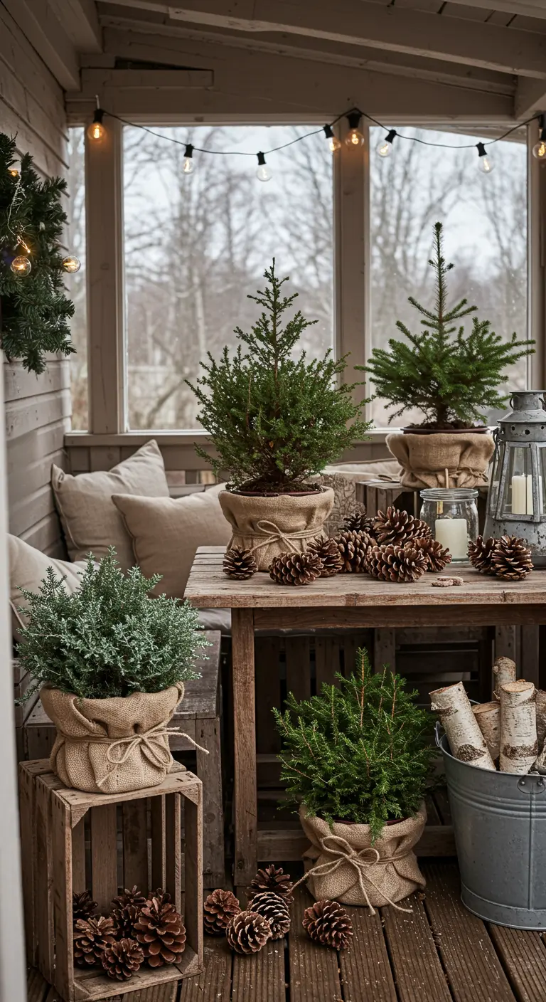 Covered porch with small evergreen trees in burlap, a lantern, string lights, and pinecones.