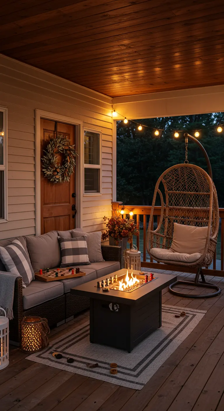 A cozy covered porch with a fire table, sectional sofa, and a hanging wicker egg chair.