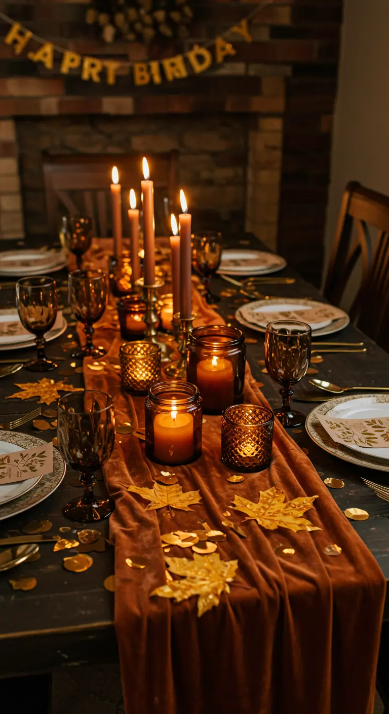 Autumnal table with a rust velvet runner, amber glass candles, and gold leaf confetti.