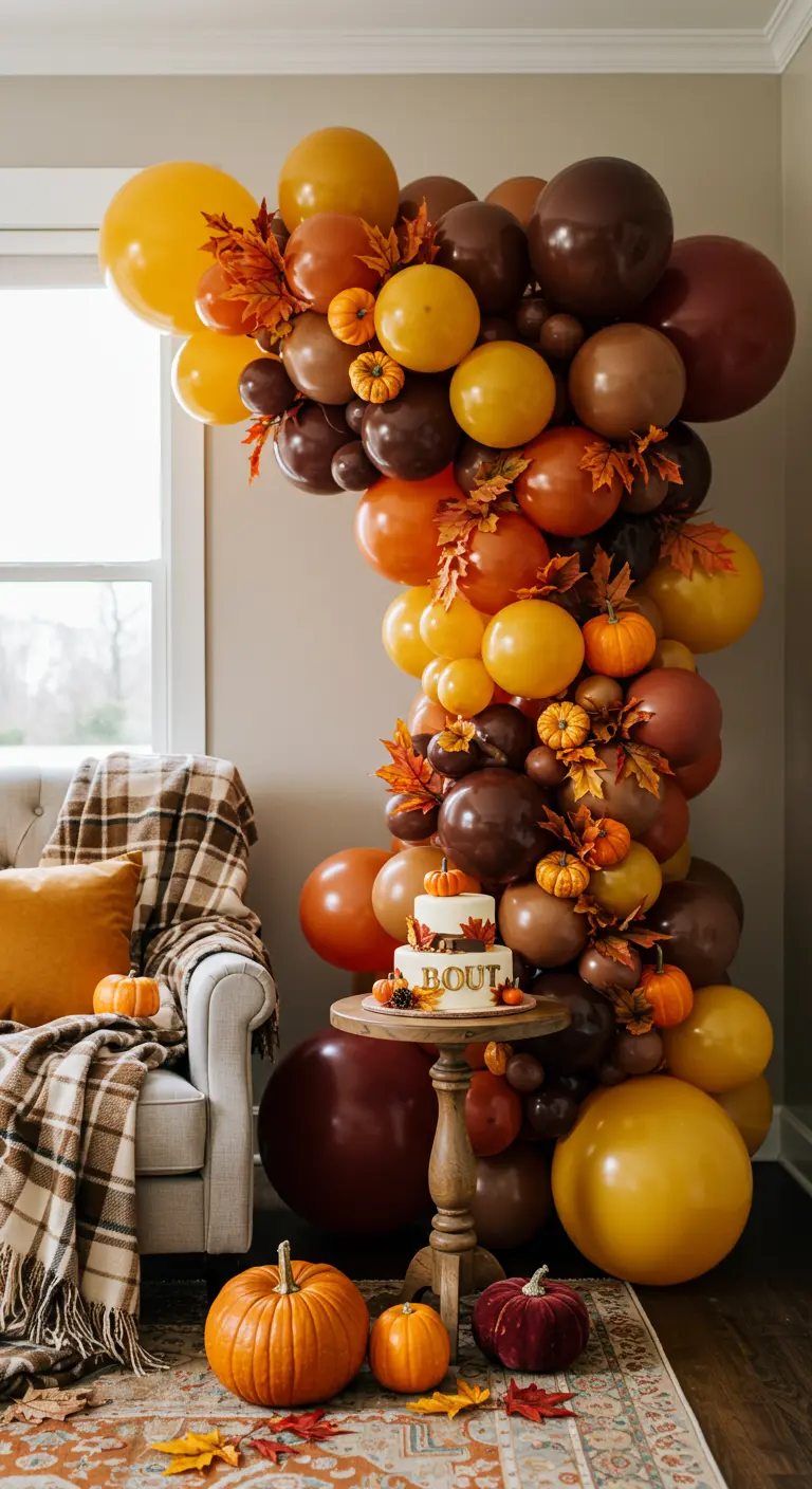 An autumn-themed balloon cascade in warm tones, decorated with faux leaves.