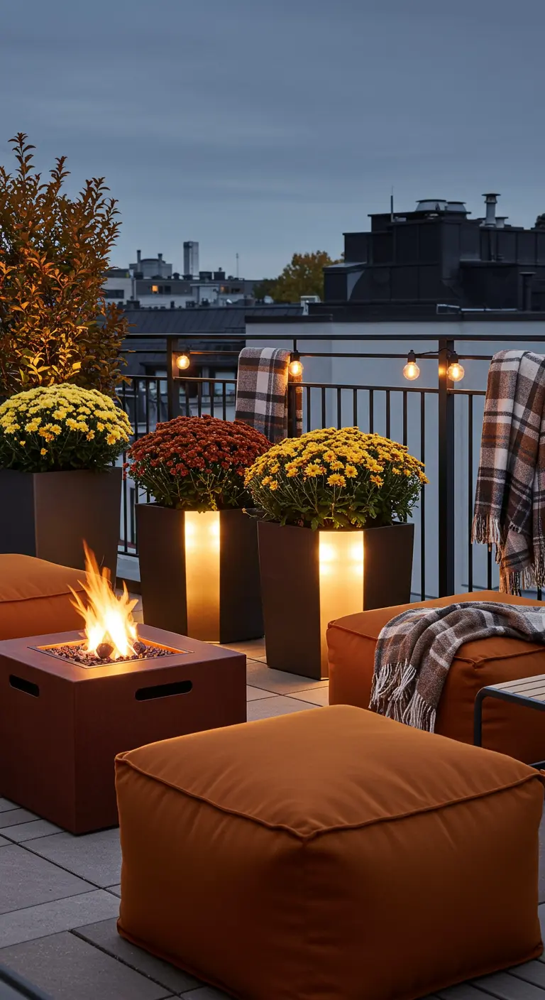 Autumnal rooftop with rust-colored poufs, plaid throws, mums in planters, and a fire pit.