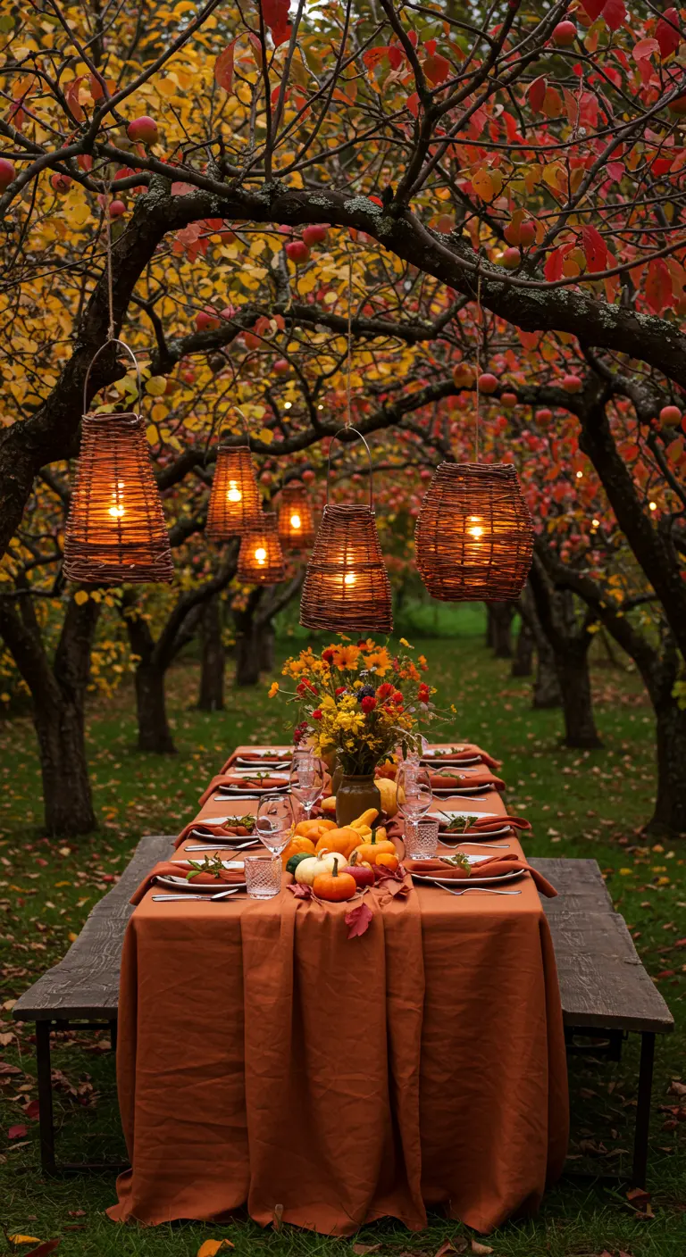 Autumnal table setting in an orchard with an orange tablecloth and woven lanterns.