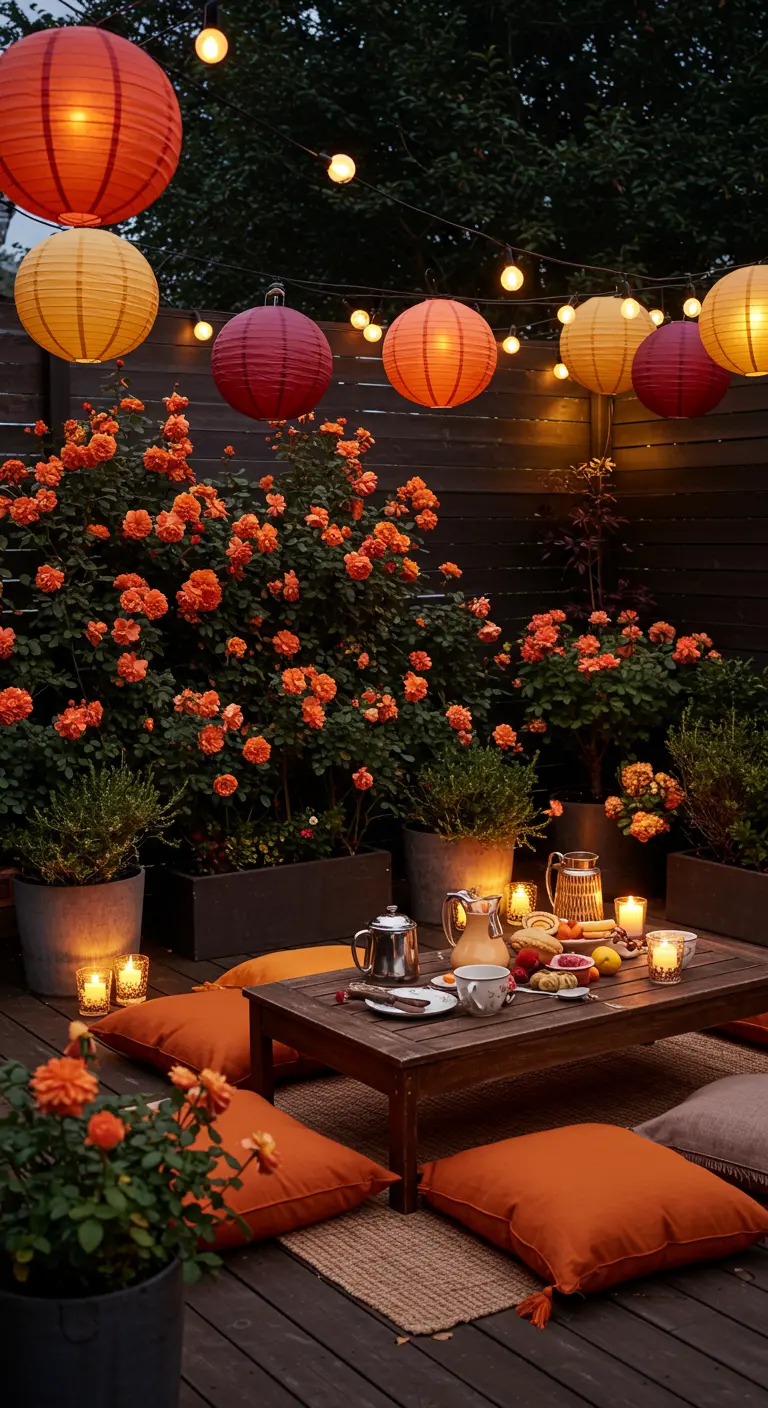 A cozy patio with orange roses, paper lanterns, and a low table set for an evening gathering.