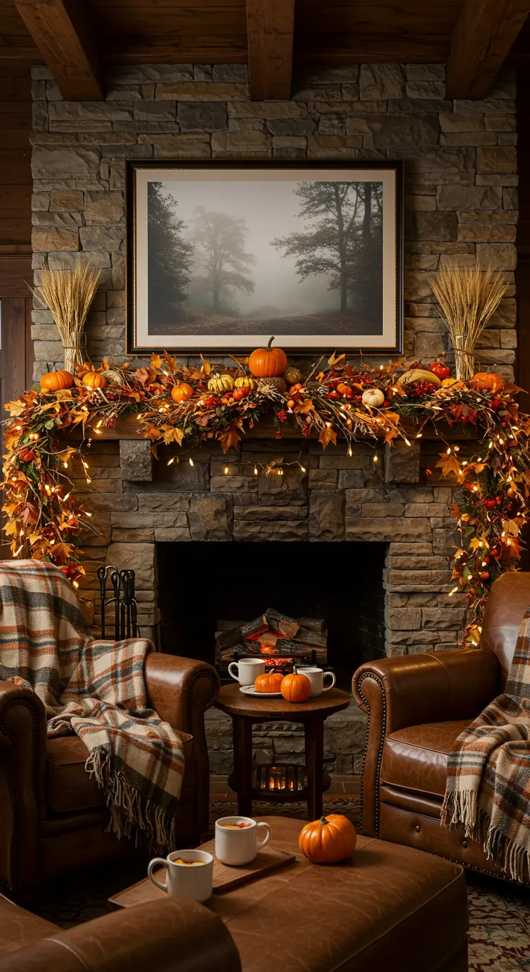 Rustic fireplace with autumn leaf garland, pumpkins, and warm lights.