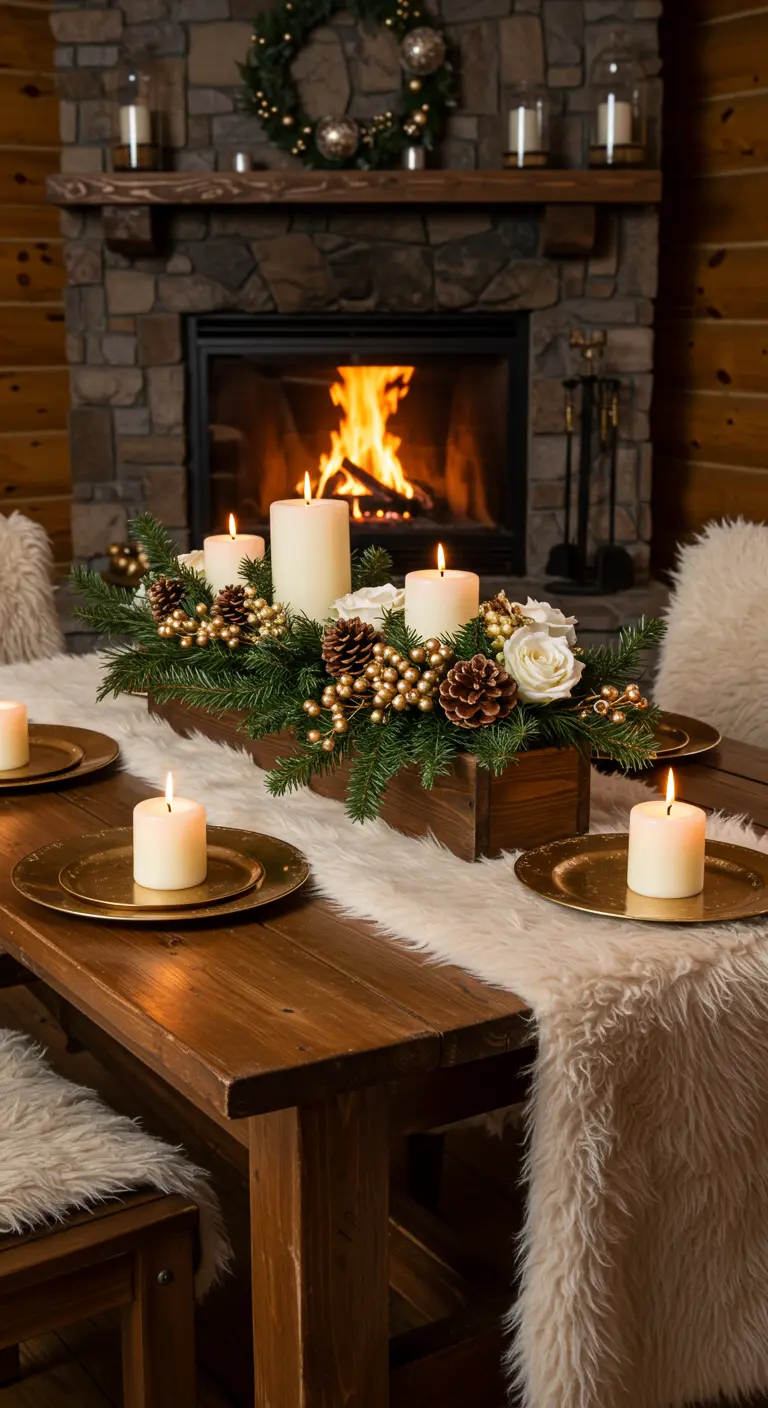A cozy, rustic tablescape in front of a fireplace with a fur runner and pinecone decor.