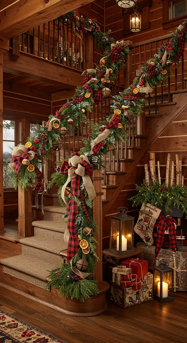 Rustic staircase with plaid and burlap garland, dried oranges, pinecones, and large bells.