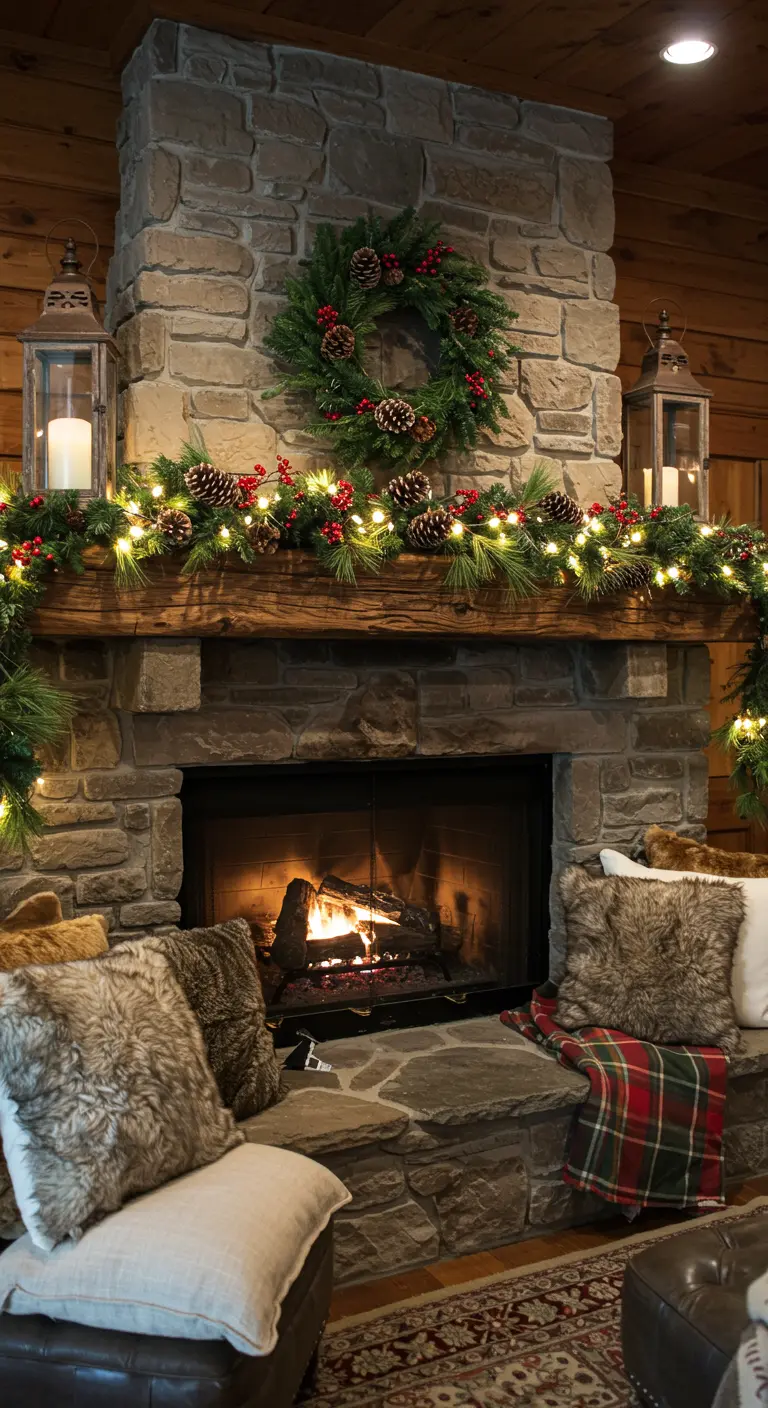 Rustic stone fireplace with a thick pine and berry garland, wreath, and lanterns.