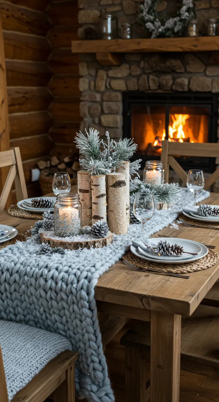 Rustic wooden table with a chunky grey knit runner, birch log centerpieces, and a fireplace.