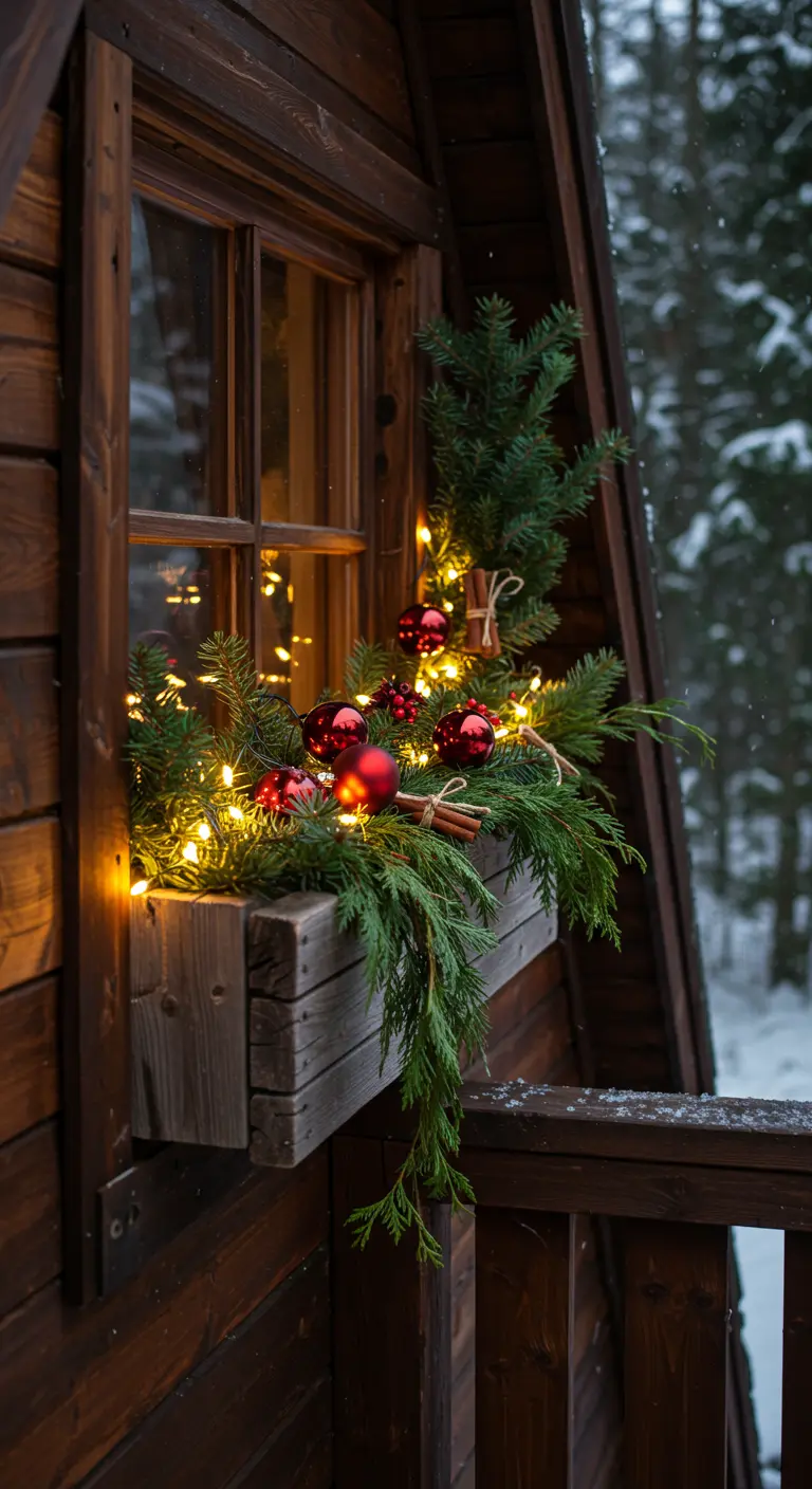 Rustic wooden window box on a cabin with red baubles and warm fairy lights.