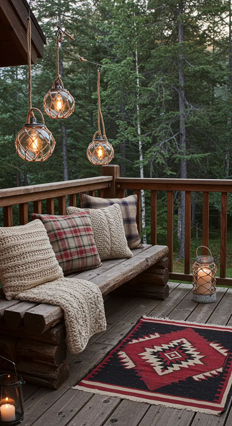 A rustic wooden deck with a log bench, plaid and knit pillows, and rope-wrapped lanterns.
