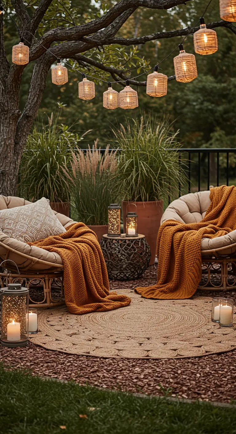 Two papasan chairs with mustard throws on a patio with a jute rug and lanterns.