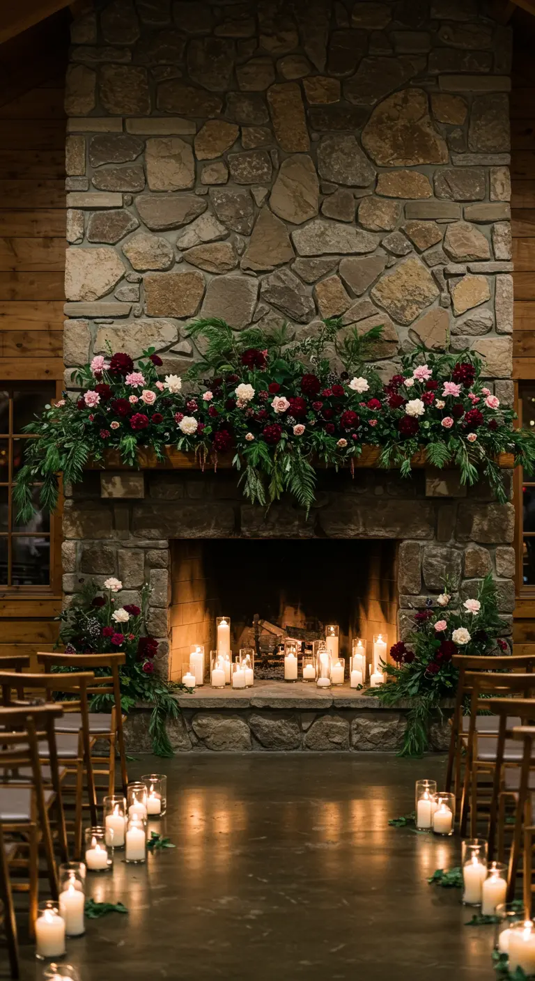 A stone fireplace decorated with a lush floral garland and dozens of candles.