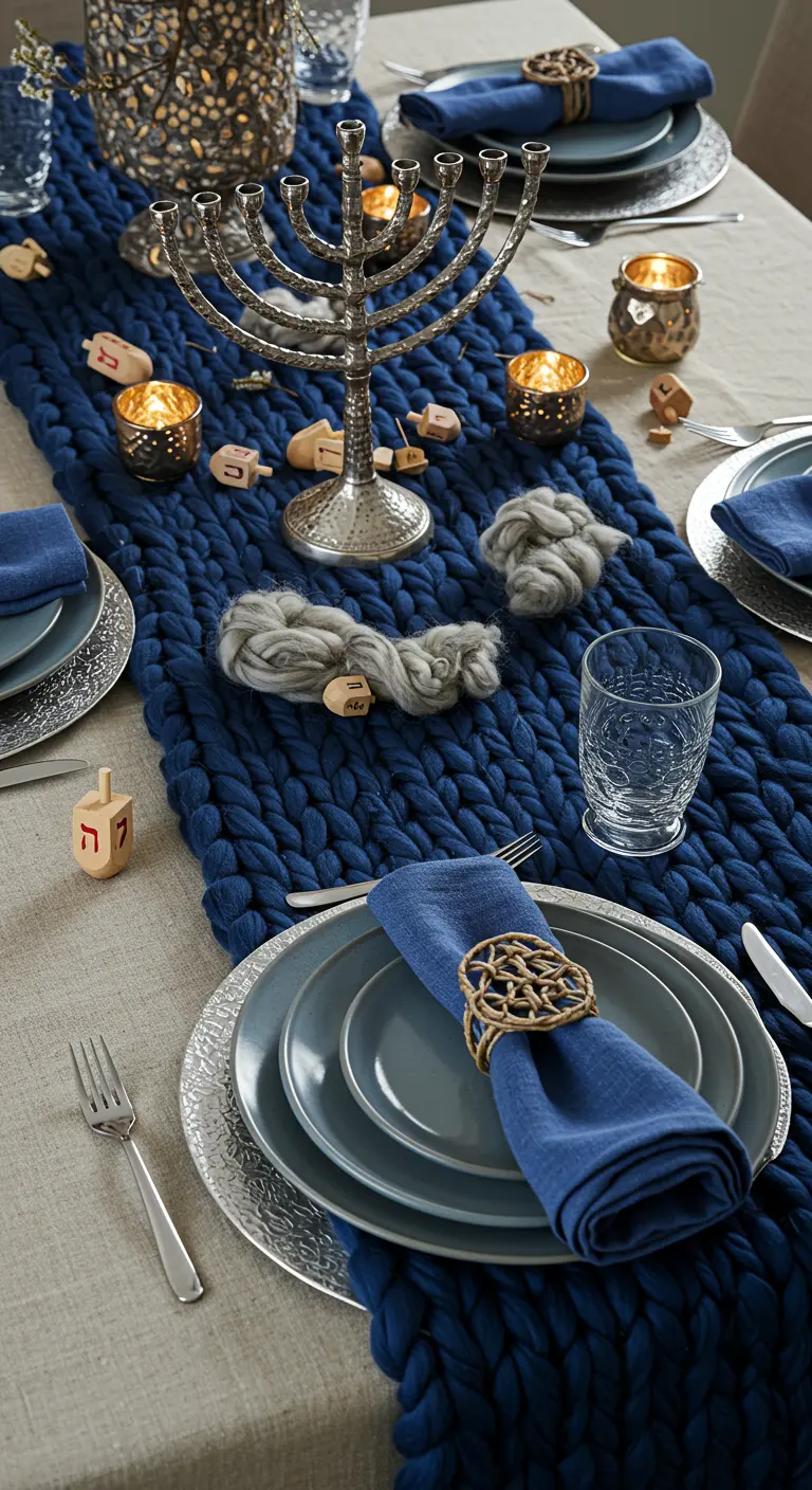 A Hanukkah tablescape featuring a chunky navy blue knit runner and wooden dreidels.