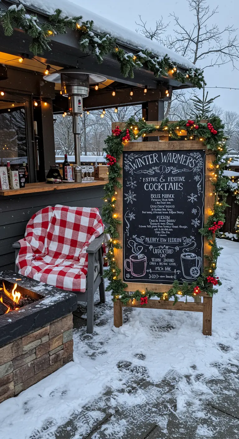 A chalkboard menu for winter drinks, decorated with evergreen garlands in the snow.