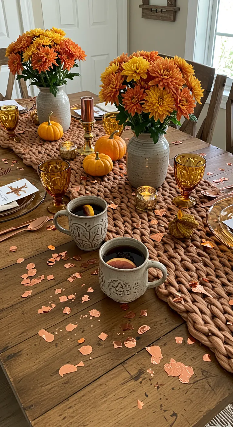 Cozy autumn table with a chunky knit runner, mugs, and orange flowers.