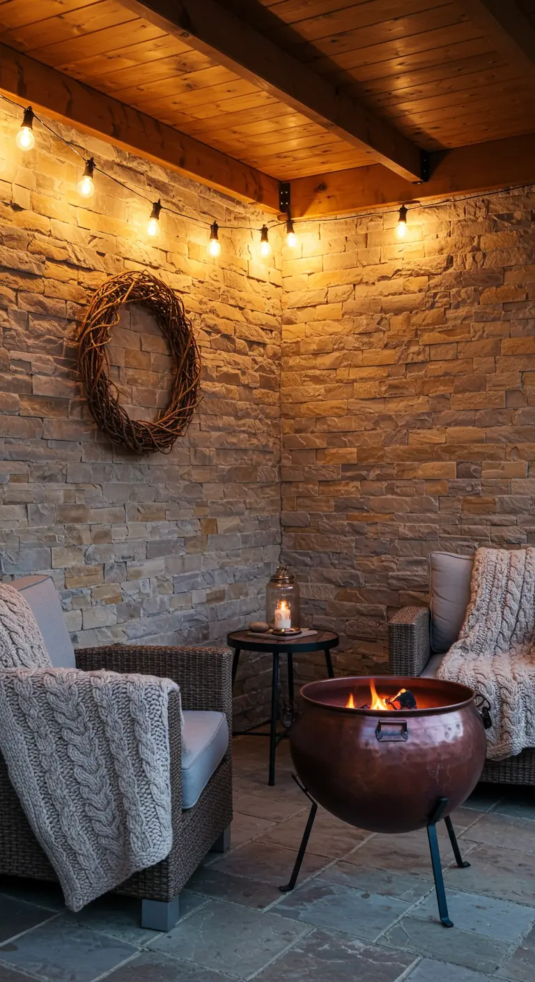 A cozy patio corner with a copper fire pit, stone walls, and chairs with knit blankets.