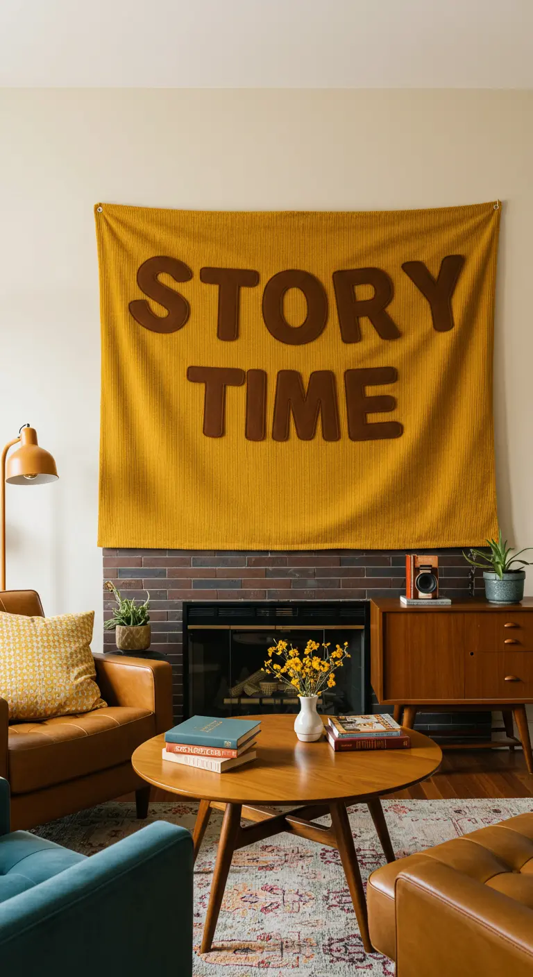 A yellow corduroy banner with brown felt letters spelling 'STORY TIME'