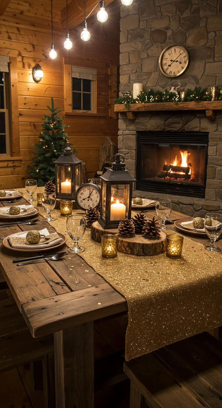 A rustic wooden table in a cabin set with a gold glitter runner, lanterns, and pinecones.