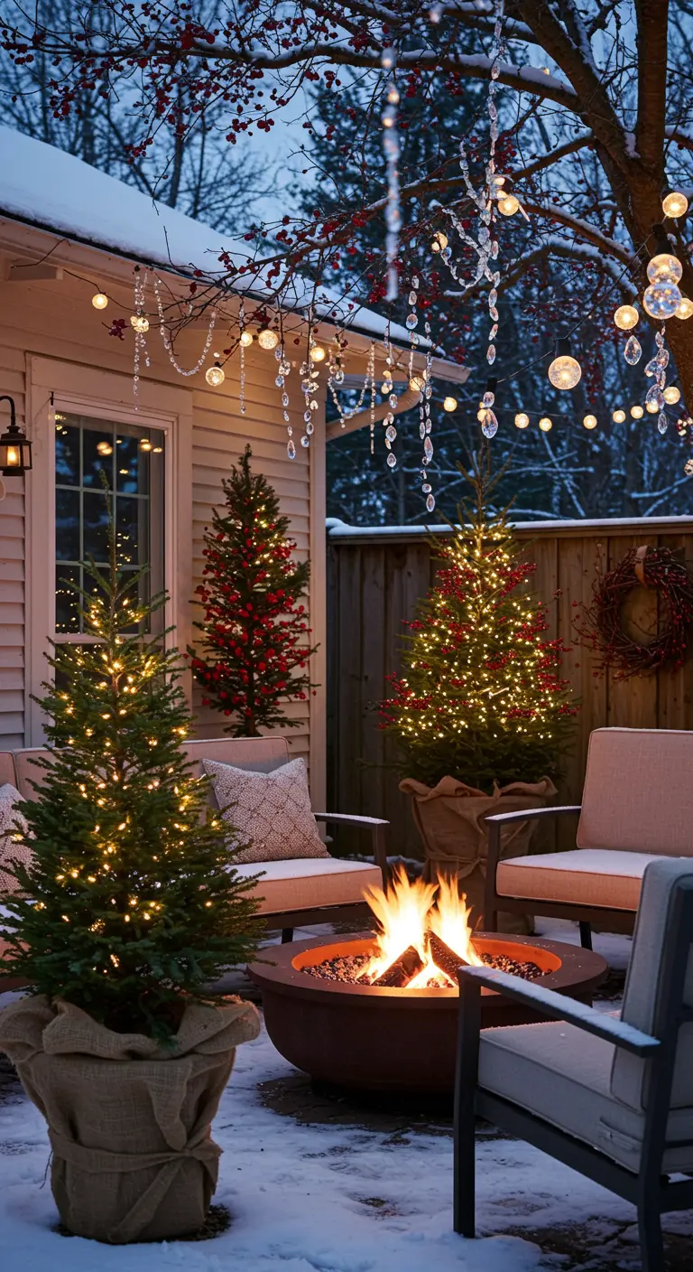 A snowy patio with a fire pit, cozy chairs, and Christmas trees decorated with lights and crystals.